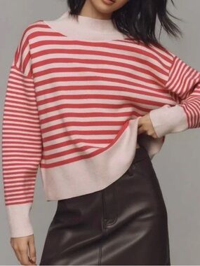 Anthropologie Maeve Cary’s Nock Neck Pink Striped Spring Sweater Size XS